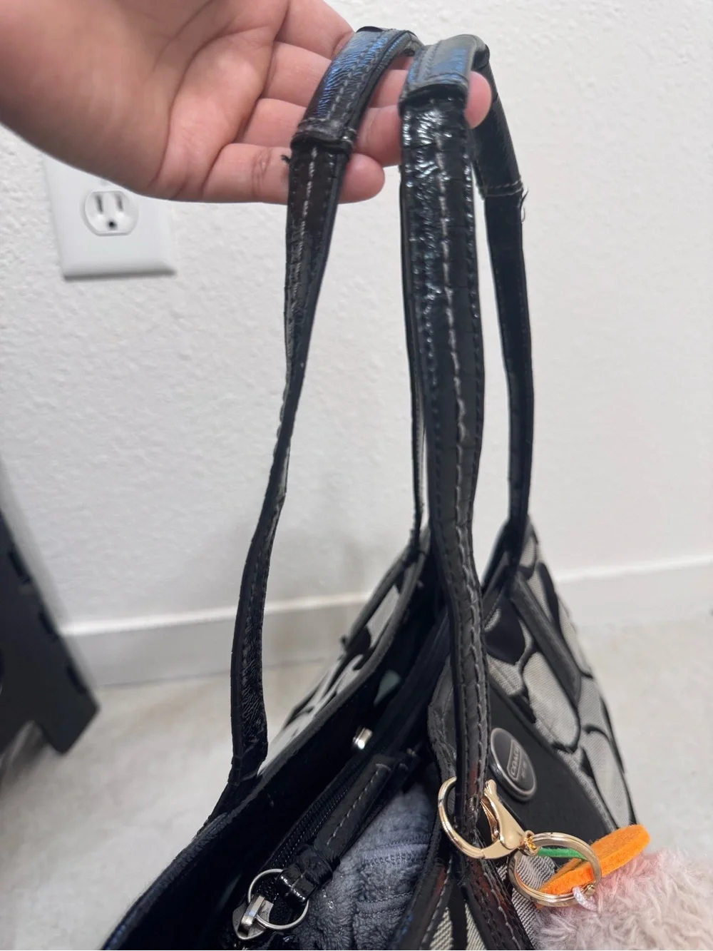 Coach Black and Gray Signature Canvas Tote with Charm